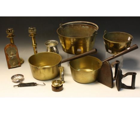 Metalware - a pair of 19th century brass candlesticks; a brass peacock letter rack; an EPNS sommeliers cup; a brass desk bell