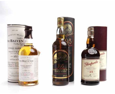 GLENFARCLAS 105
Highland Single Malt Scotch Whisky. 70cl, 60% volume, in tube. 
GLENFARCLAS 15 YEARS OLD
Highland Single Malt
