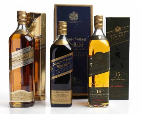 JOHNNIE WALKER GOLD LABEL 18 YEAR OLD
Blended Scotch Whisky, 1L, 43% volume. In box.
JOHNNIE WALKER BLUE LABEL
Blended Scotch