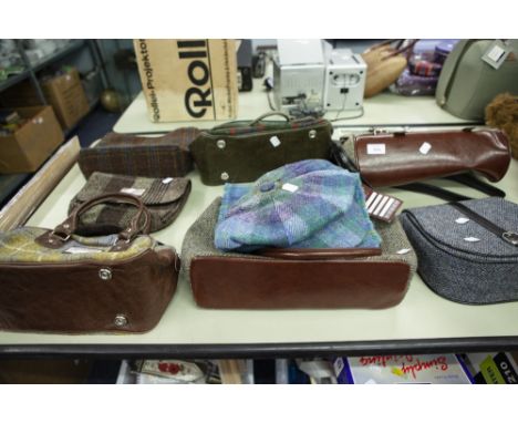 SEVEN HARRIS TWEED HANDBAGS, HARRIS TWEED MANS HAT, TWO PAIRS OF SHETLAND GLOVES, HARRIS TWEED SCARF 