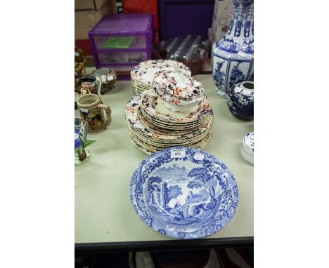 SPODE 'ITALIAN' BLUE AND WHITE POTTERY FRUIT BOWL, A LATE VICTORIAN POTTERY PART DINNER SERVICE 'SIRDAR' FLORAL PATTERN IN IR