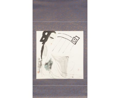A MODERN CHINESE BLACK INK AND WATERCOLOUR WALL HANGING SCROLL, on paper of a female inscribed in black ink characters with t