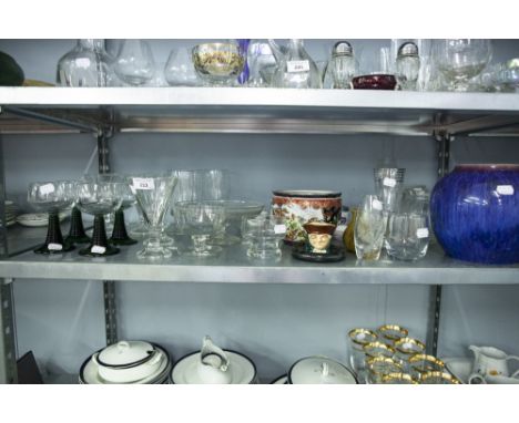 SELECTIO OF DRINKING GLASSES AND CERAMICS, LOVATTS, LANGLEY BLUE VASE AND A ROYAL DOULTON 'OLD CHARLEY' D559 ASH TRAY, 4 EVES