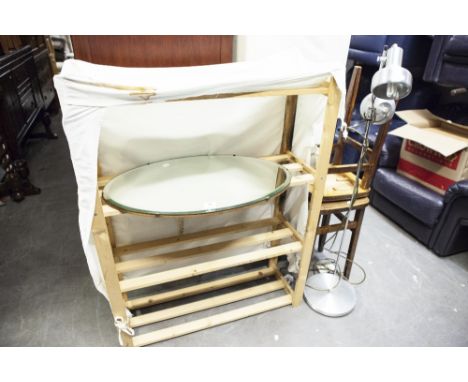 TWO STAINED WOOD KITCHEN STOOL WITH SQUARE TOP, A TUBULAR METAL GILT TEA TROLLEY, A FRAME LESS WALL MIRROR  AND A FLOOR LAMP 