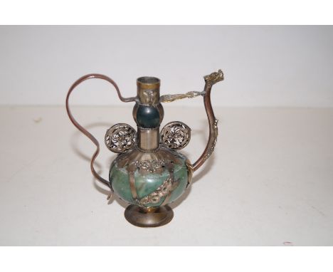 Chinese Brass and Jade Oil Lamp with Dragon Decoration
