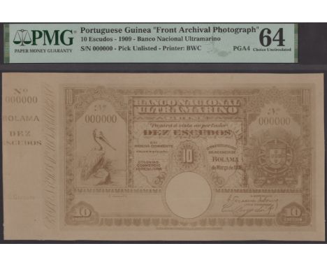 Banco Nacional Ultramarino, Portuguese Guinea, obverse and reverse sepia photographs showing designs for an unadopted 10 Escu