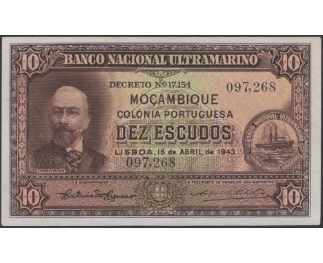 Banco Nacional Ultramarino, Mozambique, 10 Escudos, 15 April 1943, serial number 097268, Antonio Augusto Correia de Aguiar si