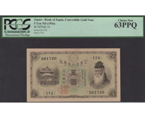 Bank of Japan, Gold Certificate Issues, 5 Yen, ND (1916), serial number 201720, plate 174, in PCGS holder 63 PPQ, choice unci