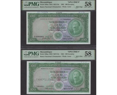 Banco Nacional Ultramarino, Mozambique, printers archival specimens for 100 Escudos (4), 27 March 1961, serial number ranges 