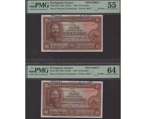 Banco Nacional Ultramarino, Portuguese Guinea, printers archival specimens for 10 Escudos (3), 16 November 1945, serial numbe