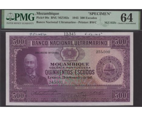 Banco Nacional Ultramarino, Mozambique, printers archival specimens for 500 Escudos (2), 29 November 1945, serial number rang