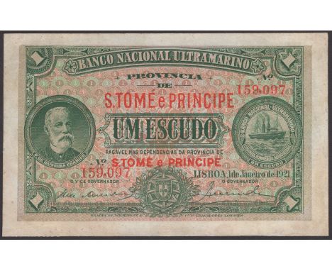 Banco Nacional Ultramarino, St Thomas & Prince, 1 Escudo, 1 January 1921, serial number 159097, professional repairs to margi