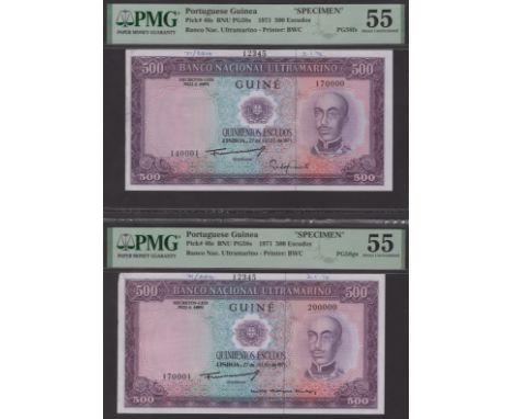 Banco Nacional Ultramarino, Portuguese Guinea, printers archival specimens for 500 Escudos (2), 27 July 1971, serial number r