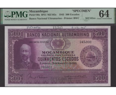 Banco Nacional Ultramarino, Mozambique, printers archival specimens for 500 Escudos (2), 29 November 1945, serial number rang