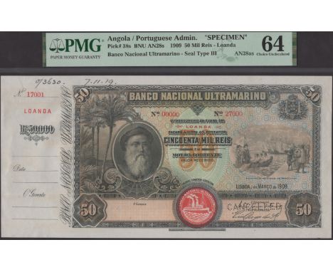 Banco Nacional Ultramarino, Angola, printers archival specimen 50 Mil Reis, 1 March 1909, serial number range 17001 to 27000,