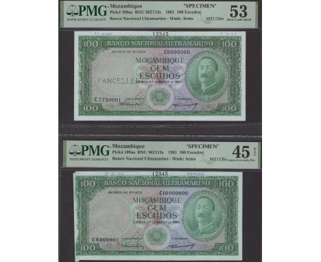 Banco Nacional Ultramarino, Mozambique, printers archival specimens for 100 Escudos (4), 27 March 1961, serial number ranges 