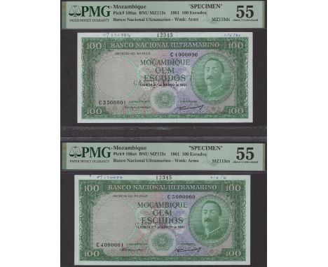 Banco Nacional Ultramarino, Mozambique, printers archival specimens for 100 Escudos (3), 27 March 1961, serial number ranges 