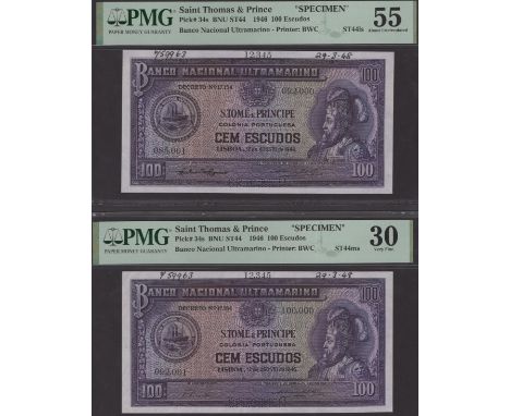 Banco Nacional Ultramarino, St Thomas & Prince, printers archival specimens for 100 Escudos (2), 12 August 1946, serial numbe