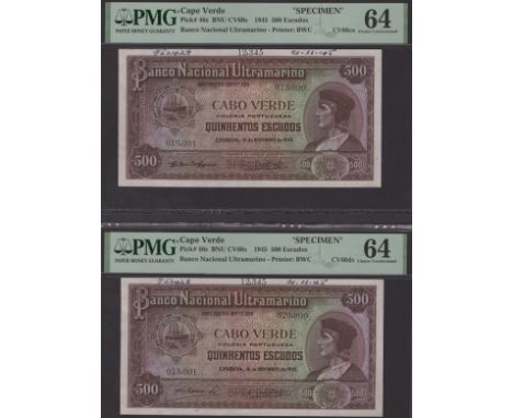 Banco Nacional Ultramarino, Cape Verde, printers archival specimen 500 Escudos (3), 16 November 1945, serial number ranges 01