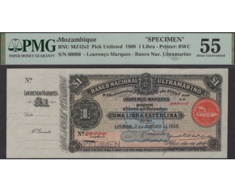 Banco Nacional Ultramarino, Mozambique, specimen 1 Libre Esterlina, 2 January 1908, hand written serial number 00000 in red i