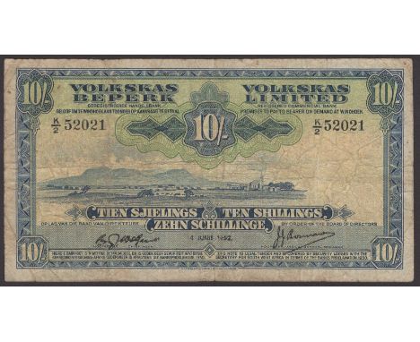 Volksas Bank, Southwest Africa, 10 Shillings, 4 June 1952, serial number K/2 52021, Wulfhaardt and Bosman signatures, about f
