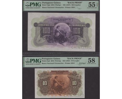 Banco Nacional Ultramarino, Portuguese Guinea, reverse proofs for 10, 20, 50 and 100 Escudos, ND (1937), each with CANCELLED 