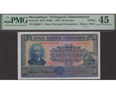 Banco Nacional Ultramarino, Mozambique, 20 Escudos, 25 November 1945, serial number 3608971, Antonio Augusto Correia de Aguia