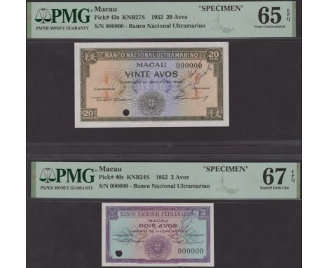 Banco Nacional Ultramarino, Macau, specimen proofs for 2, 5, 10 and 20 Avos, 19 January 1952, all with zero serial numbers, e
