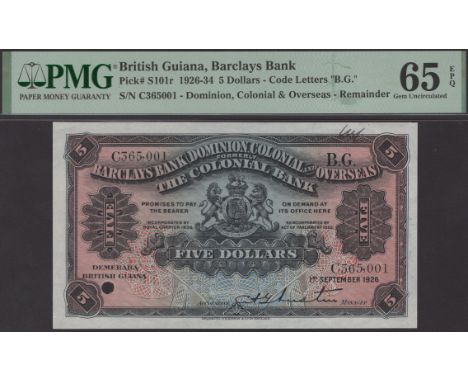 Barclays Bank, (Dominion, Colonial and Overseas), British Guiana, remainder $5, 1 September 1926, serial number C565001, one 