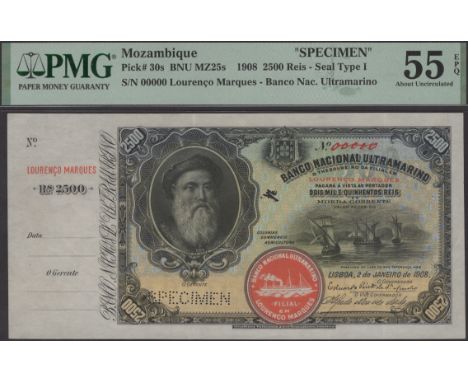 Banco Nacional Ultramarino, Mozambique, specimen 2500 Reis, 2 January 1908, red manuscript serial number 00000, Alfredo Mende