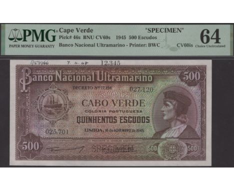 Banco Nacional Ultramarino, Cape Verde, printers archival specimen 500 Escudos, 16 November 1945, serial number range 025701 
