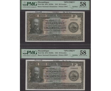 Banco Nacional Ultramarino, Mozambique, printers archival specimens for 50 Escudos (5), 1 November 1941, serial number ranges