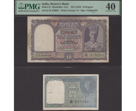 Reserve Bank of India, 10 Rupees, ND (1943), serial number K.78 78095, Deshmukh signature, also Government of India, also 1 R