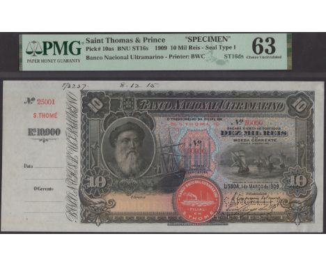 Banco Nacional Ultramarino, St Thomas & Prince, printers archival specimen 10 Mil Reis, 1 March 1909, serial number range 250