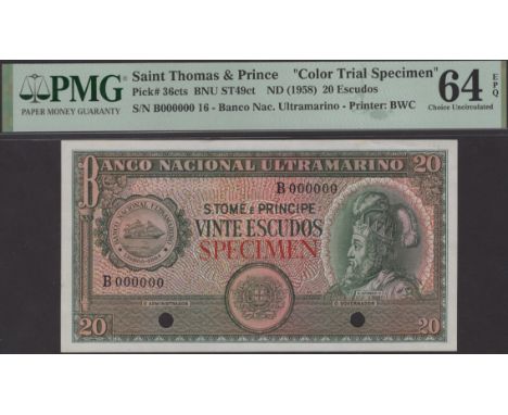 Banco Nacional Ultramarino, St Thomas & Prince, colour trial 20 Escudos, ND (1958), serial number B000000, red SPECIMEN overp