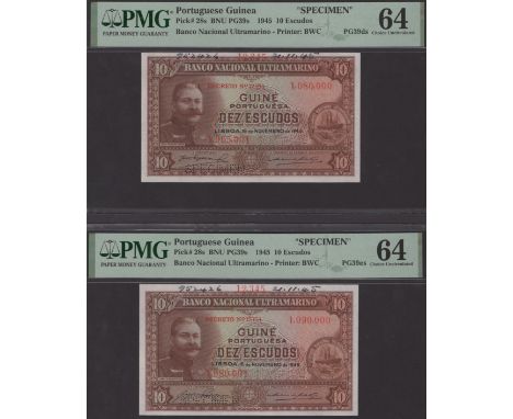 Banco Nacional Ultramarino, Portuguese Guinea, printers archival specimens for 10 Escudos (2), 16 November 1945, serial numbe