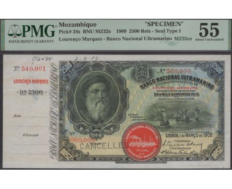 Banco Nacional Ultramarino, Mozambique, printers archival specimen 2500 Reis, 1 March 1909, serial number range 540001 to 560