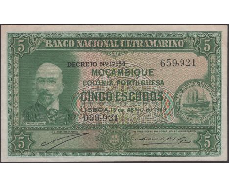 Banco Nacional Ultramarino, Mozambique, 5 Escudos, 15 April 1943, serial number 659921, Artur Meneses Correia de Sa Visconde 