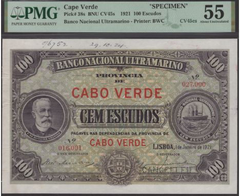 Banco Nacional Ultramarino, Cape Verde, printers archival specimen 100 Escudos, 1 January 1921, serial number range 016001 to