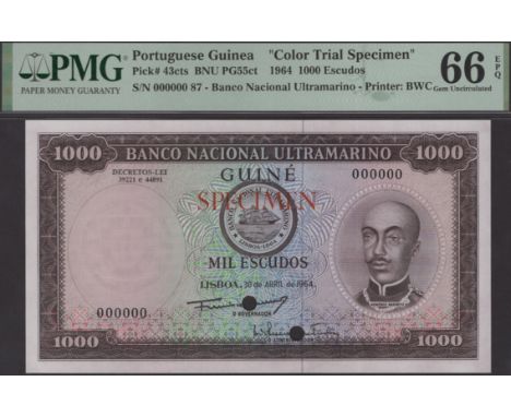 Banco Nacional Ultramarino, Portuguese Guinea, colour trial 1000 Escudos, 30 April 1964, serial number 000000, Luis Pereira C