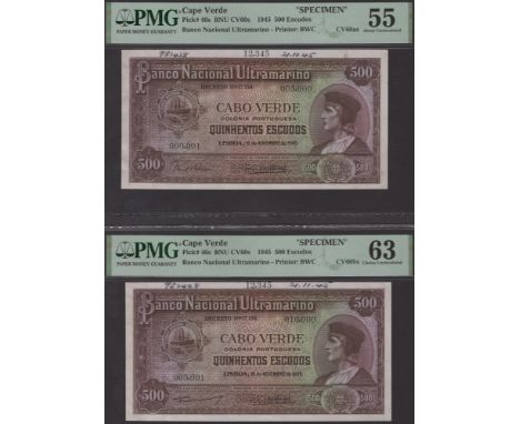 Banco Nacional Ultramarino, Cape Verde, printers archival specimen 500 Escudos (2), 16 November 1945, serial number ranges 00