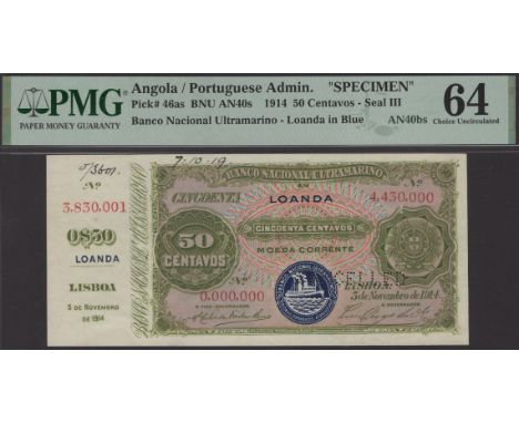 Banco Nacional Ultramarino, Angola, printers archival specimen 50 Centavos, 5 November 1914, serial number range 3830001 to 4