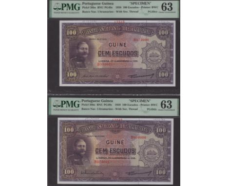 Banco Nacional Ultramarino, Portuguese Guinea, printers archival specimen 100 Escudos (2), 20 November 1958, serial number ra