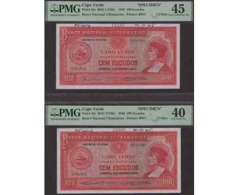 Banco Nacional Ultramarino, Cape Verde, printers archival specimen 100 Escudos (3), 16 November 1945, serial number ranges 03