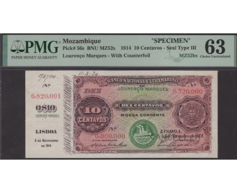 Banco Nacional Ultramarino, Mozambique, printers archival specimen 10 Centavos, 5 November 1914, serial number range 0682001 