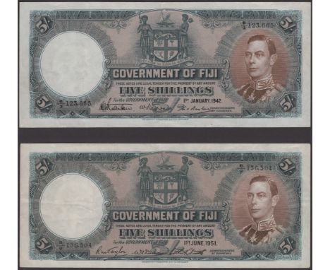 Government of Fiji, 5 Shillings (2), 1 January 1942, serial number B/3 123665 and 1 June 1951, serial number B/9 136504, orig