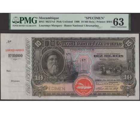 Banco Nacional Ultramarino, Mozambique, specimen 10 Mil Reis, 2 January 1908, no serial number, Alfredo Mendes da Silva signa