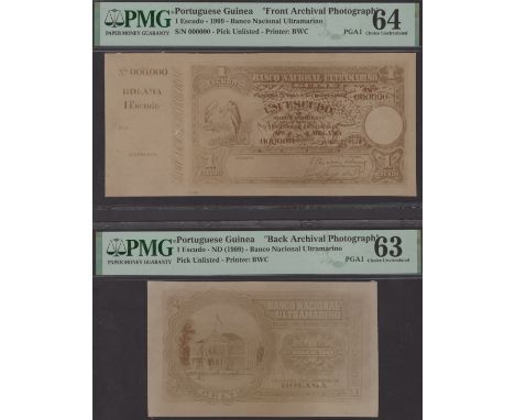 Banco Nacional Ultramarino, Portuguese Guinea, obverse and reverse sepia photographs showing designs for an unadopted 1 Escud