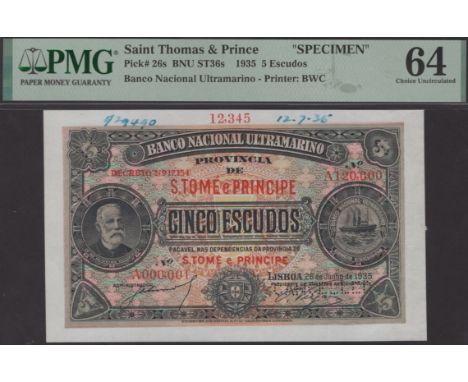 Banco Nacional Ultramarino, St Thomas & Prince, printers archival specimen 5 Escudos, 26 June 1935, serial number range A0000