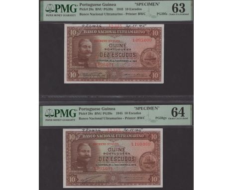 Banco Nacional Ultramarino, Portuguese Guinea, printers archival specimens for 10 Escudos (2), 16 November 1945, serial numbe